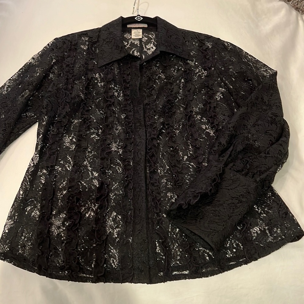 Black lace button up shirt.